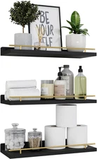 Floating Shelves with Gold Metal Guardrail, Shelves for Wall Decor Set of 3, Wal
