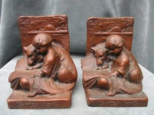 Antique W.B. Weidlich Bros Cast Metal Bookends Companions Girl & Dog Marked