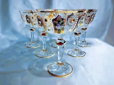 Czech bohemia glass - Champagne glasses decorated gold and enamel 6pcs III.