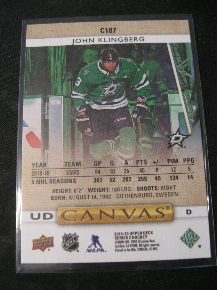 JOHN KLINGBERG 2019-20 NHL Upper Deck Canvas #C-187 Dallas Stars MINT!  - Image 2 of 2