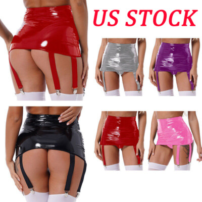 US Women Glossy Wet Look Patent Leather High Waist Mini Pencil Skirts Clubwear