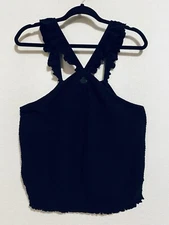 Anthropologie Top Womens XL Black Marisol Ruffled Halter Textured Boho Peasant