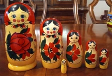 Russian Set of 6 Nesting Dolls - Girl with Rose - Authentic Hand Painted Doll