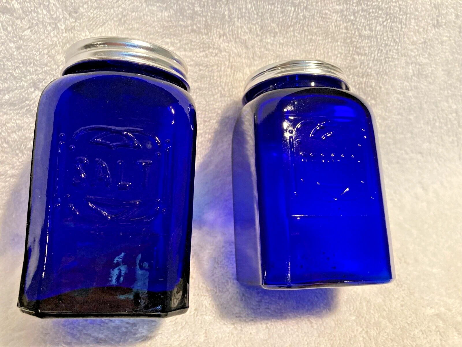 Cobalt Blue Glass Salt & Pepper Shakers 4 1/8" T x 2 1/4" x 2 1/4" Vintage