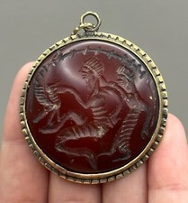 Stunning Ancient Roman King & Queen With Bird Intaglio Brass Pendant