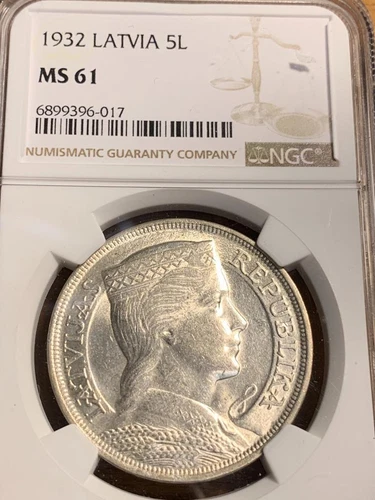 1932 Latvia 5 Lati NGC Graded MS61 SKU# 34755
