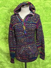 Vintage Alpaca Rainbow Aztec Hooded Sweater Made in Peru Small