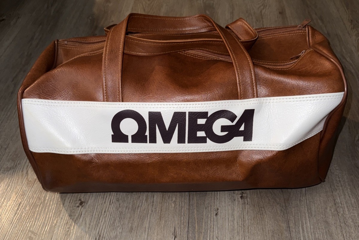 Vintage 70s Omega Faux Leather Duffel Bag Rare Gym Brown White