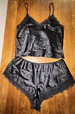 Victoria's Secret Black Satin Lace 2 Piece Sleep Set Cami Shorts Size Large