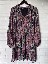 Vince Camuto Black Floral Tiered V-Neck Long Sleeve Short Dress Size XXL