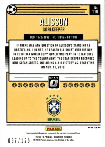 Alisson [Optic Purple Velocity] #110 2018 Panini Donruss card