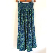 Blue Green Silk Blend Leopard Print Wide Leg Palazzo Pants Smocked Waist India