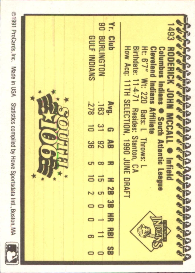 Rod McCall 1991 ProCards #1493 RC Columbus Indians *AutographDen* - Image 2 of 2