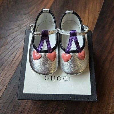 Gucci Girl 18 month w/Cherry Heart Ballet Flat Shoes Silver