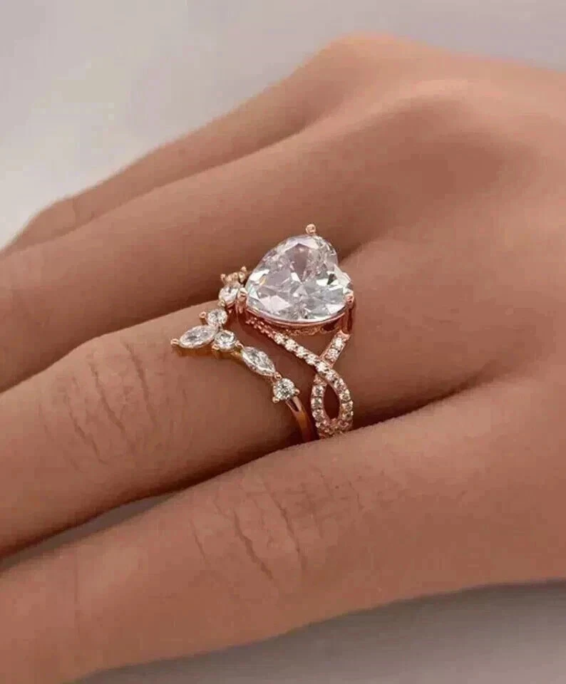 2CT Heart Lab Created Diamond Women's Engagement Ring Set 14K Rose Gold Plated - Image 2 of 4