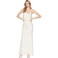 NWT Adrianna Papell Sequin Embroidered Popover Lace Maxi Dress Cream White US 10