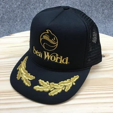 Sea World Trucker Hat Unisex Black OS Adjustable Flat Brim Embroidered Logo