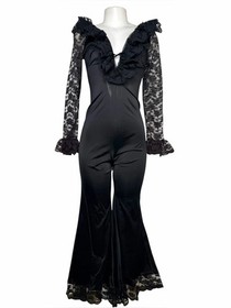 VTG 60s 70s Glydons Black Lace Bell Bottom Jumpsuit Goth Disco Wide Leg M