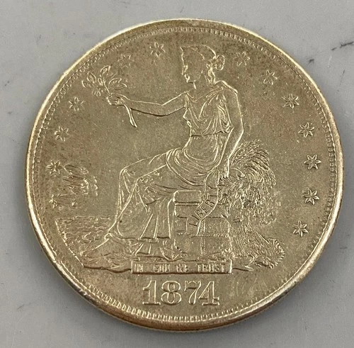 1874 S US 90% Silver Trade $1 bent polished chop marks L24456
