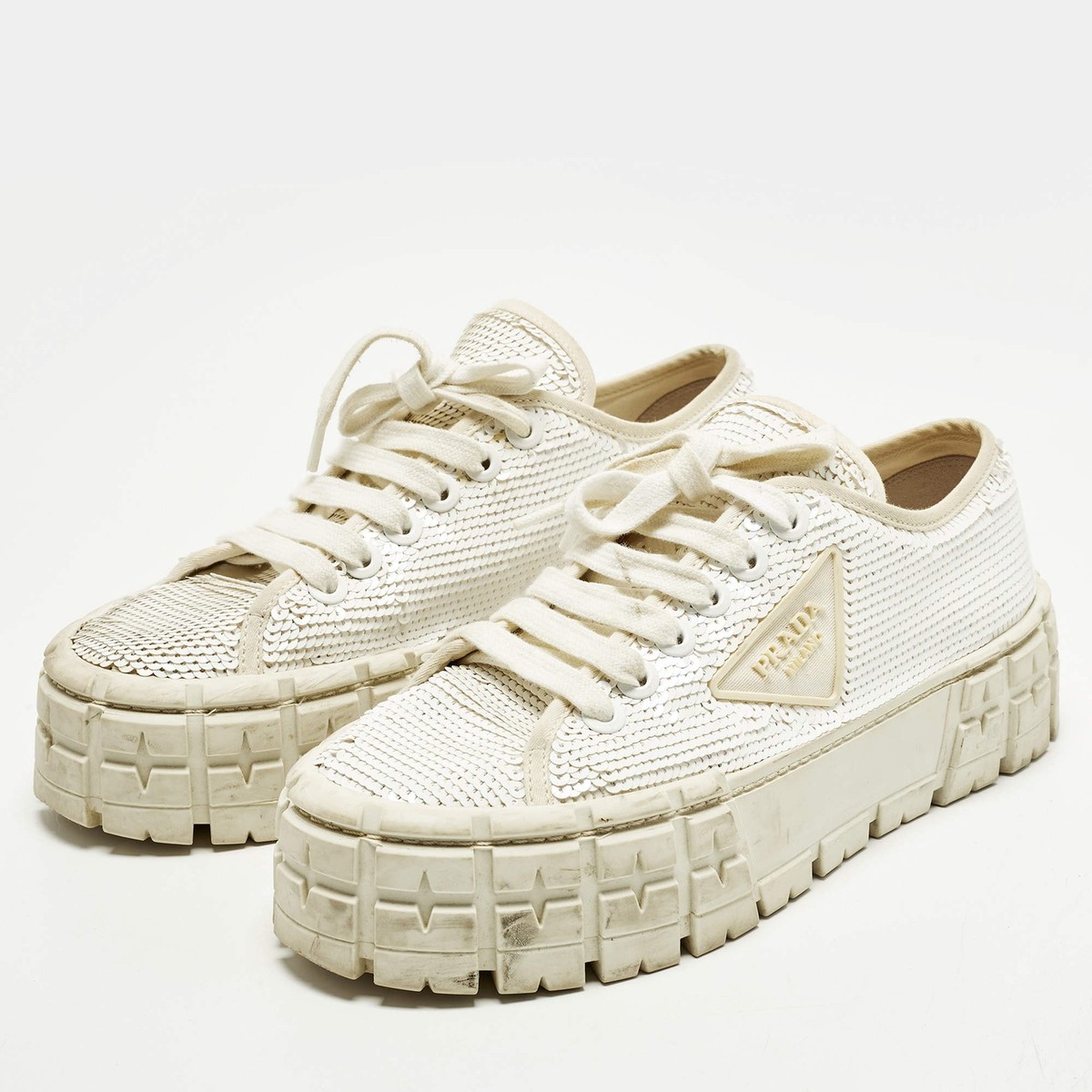 靴 PRADA38.5 Prada Size 38 White Sequins Double Wheel Platform Sneakers | eBay