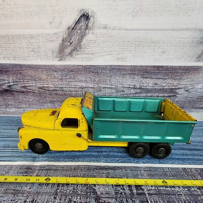 #ad Vtg structo hydro dump trailer pressed steel has engine dump works yellow green $130.00