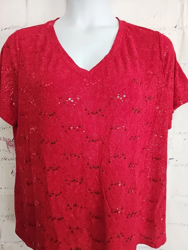 White Stag Glitter Shimmer Holiday Red Top Plus size 2X Short Sleeve V-neck - Image 2 of 4