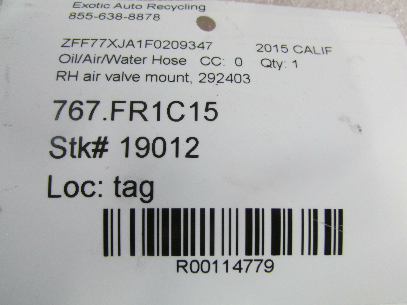 Ferrari California T, RH, Right Air Valve Mount, Used, P/N 292404