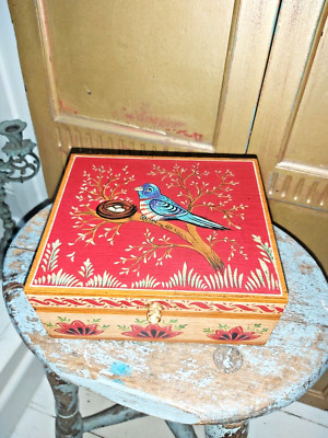 INDISCHE HANDBEMALTE HOLZSCHATULLE/SCHMUCKKÄSTCHEN VOGEL/NEST DESIGN