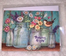 Thinking of You Encouragement Card Beautiful Scene Floral Birds Jars