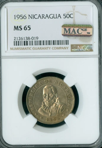 1956 NICARAGUA 50 CENTAVOS NGC MS65 PQ 2ND FINEST GRADE MAC SPOTLESS  *