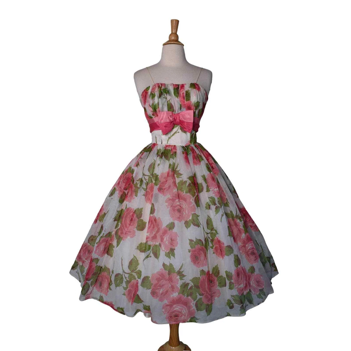 Vintage 50s Frothy Chiffon Novelty BIG Pink Rose Print Cocktail Party Dress  | eBay