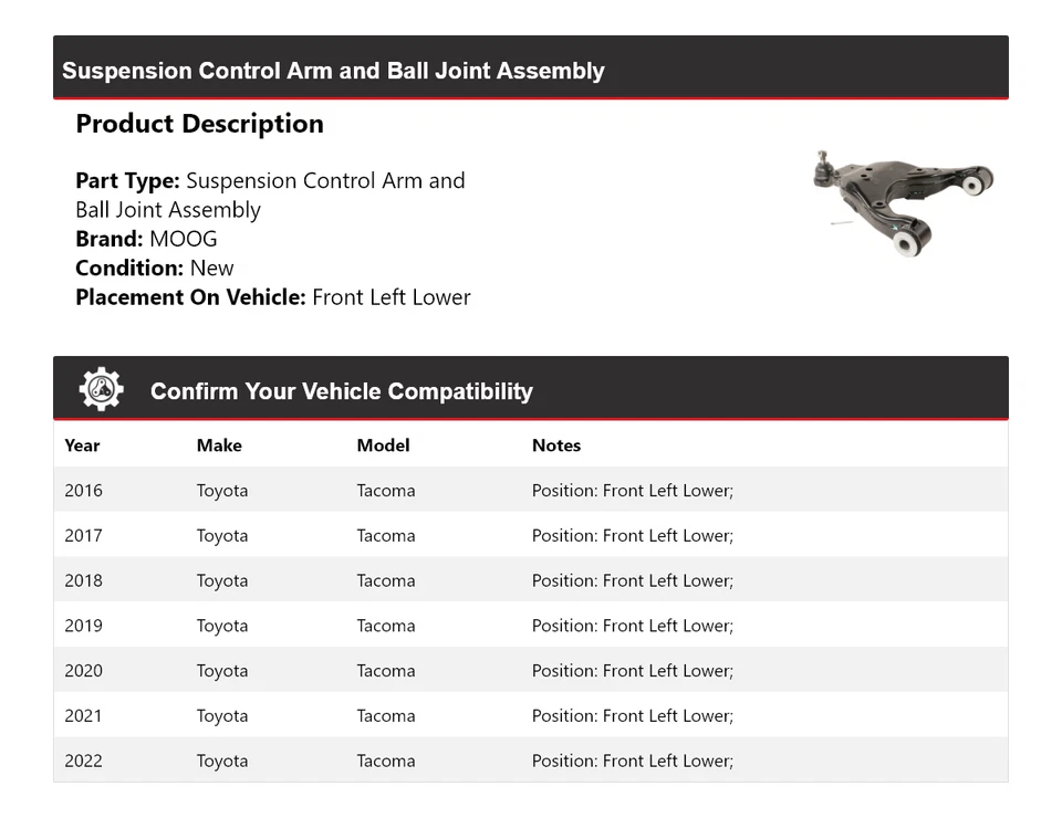 Conjunto de rótula de brazo de control delantero izquierdo inferior M para Toyota Tacoma 2016-2022 Foto 2 de 4