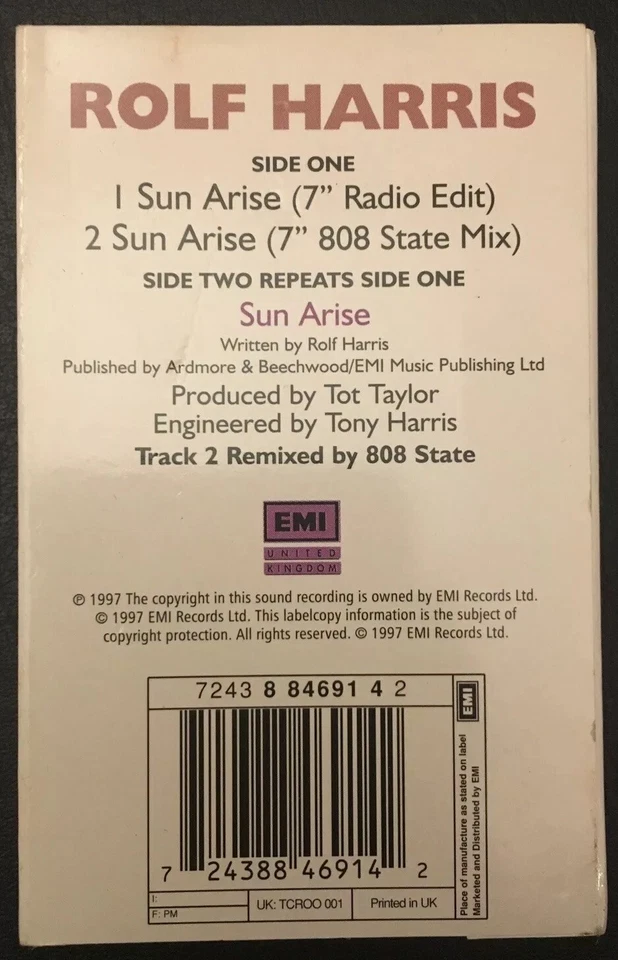 ROLF HARRIS - SUN ARISE - 808 State RARE Cassette Single 1997 TESTED Near Mint Foto 2 de 3