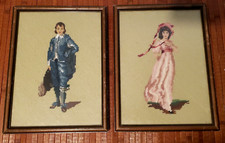 Vintage Boy Blue Pinkie Pink Girl Needlepoint Embroidered Framed 14" x 11"