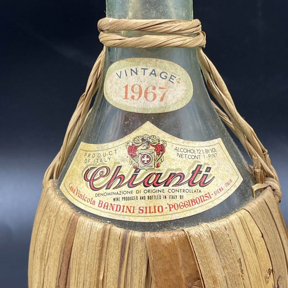 1967 Chianti Wine Bottle Rattan Wrap Wicker Basket Loop Italy
