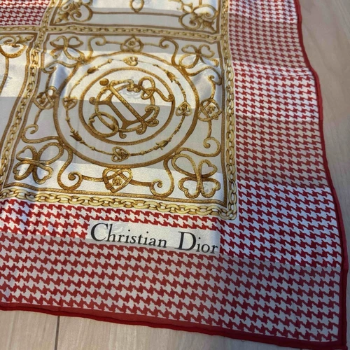 Authentique foulard Christian Dior motif rayures emblème marque rouge or vintage