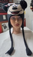 Disney Mickey Mouse Knit Beanie Hat w/ Ear Flaps Pom Poms Black One Size