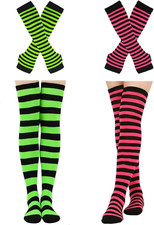 2/4 Sets Womens Striped Knee High Socks Long Knitted Arm Warmers Fingerless Glov