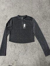 Killstar Pullover Gr L Glitzer Silber schwarz Gothic bauchfrei