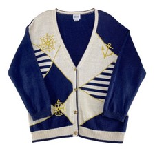 Vintage Leslie Fay Nautical Sweater Plus Size 2X Blue Gold Metallic Embroidery