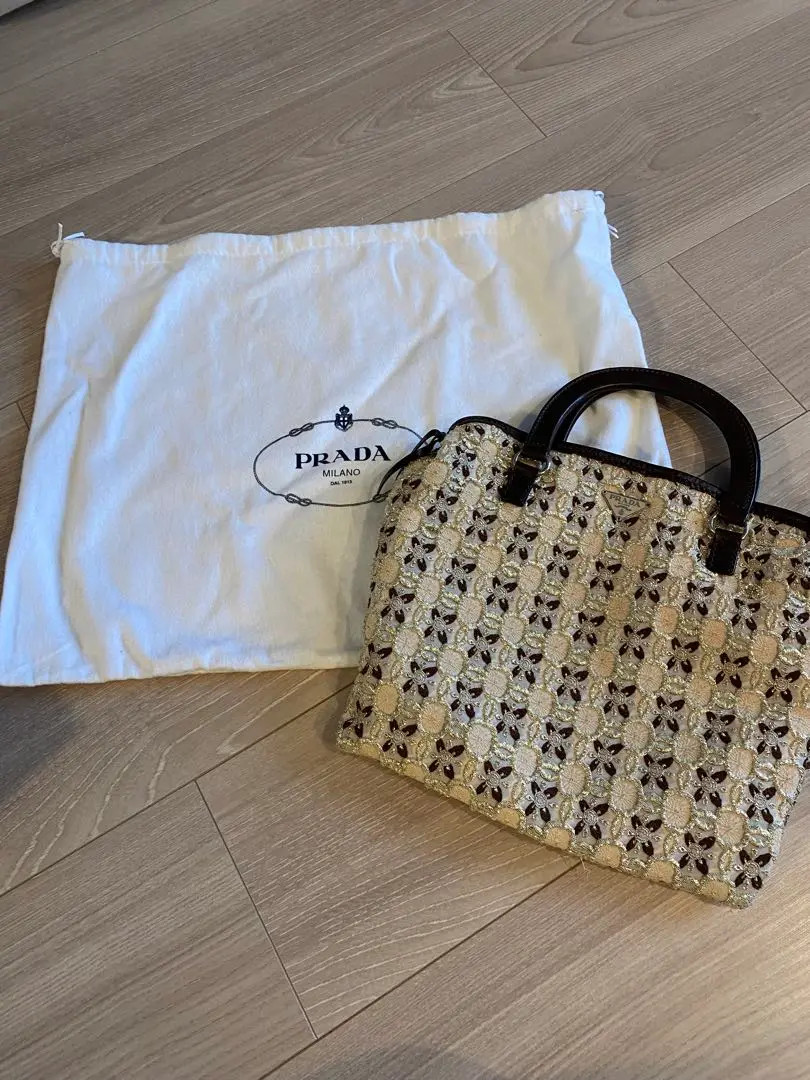 Vintage Prada Embroidered Tweed Mini Tote in Cream Brown
