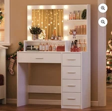 White Dressing Table w/ LED Lights Mirror Drawers Cabinet Vanity Makeup Desk Set