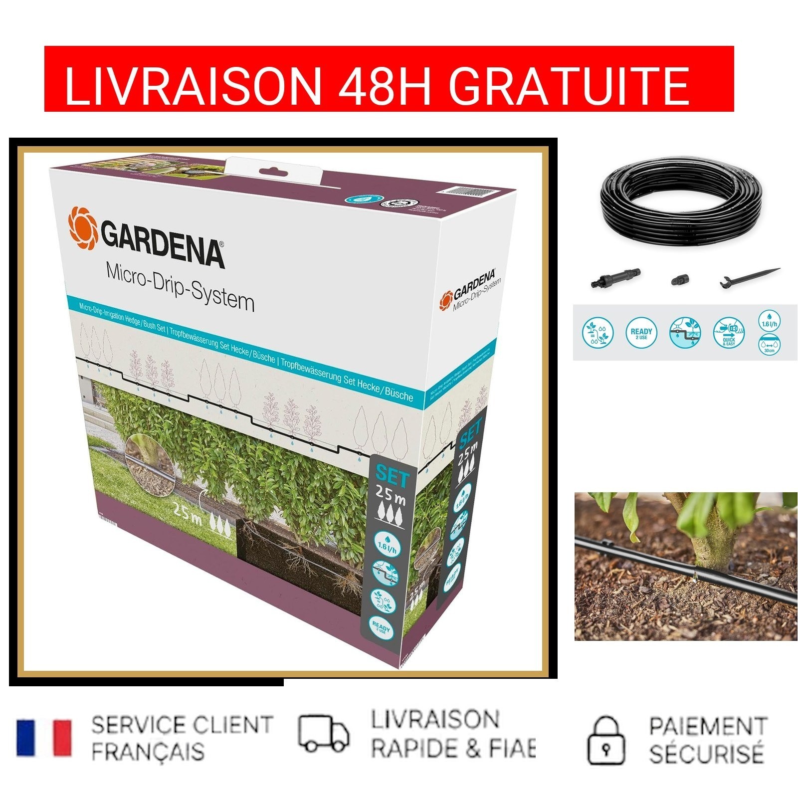 Évitez le dessèchement de vos arbustes avec le kit irrigation goutte à goutte Gardena 25m