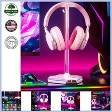 Pink RGB Headphone Stand with USB Ports for Efficient Gaming Setup Organization
