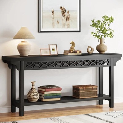 Extra Long Narrow Sofa Table 70.8'' Black Solid Wood Behind Couch Console 70.8''