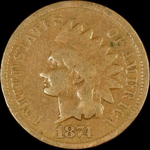 1874 INDIAN HEAD CENT ✪ VG VERY GOOD ✪ 1C PENNY COIN D ◢TRUSTED◣