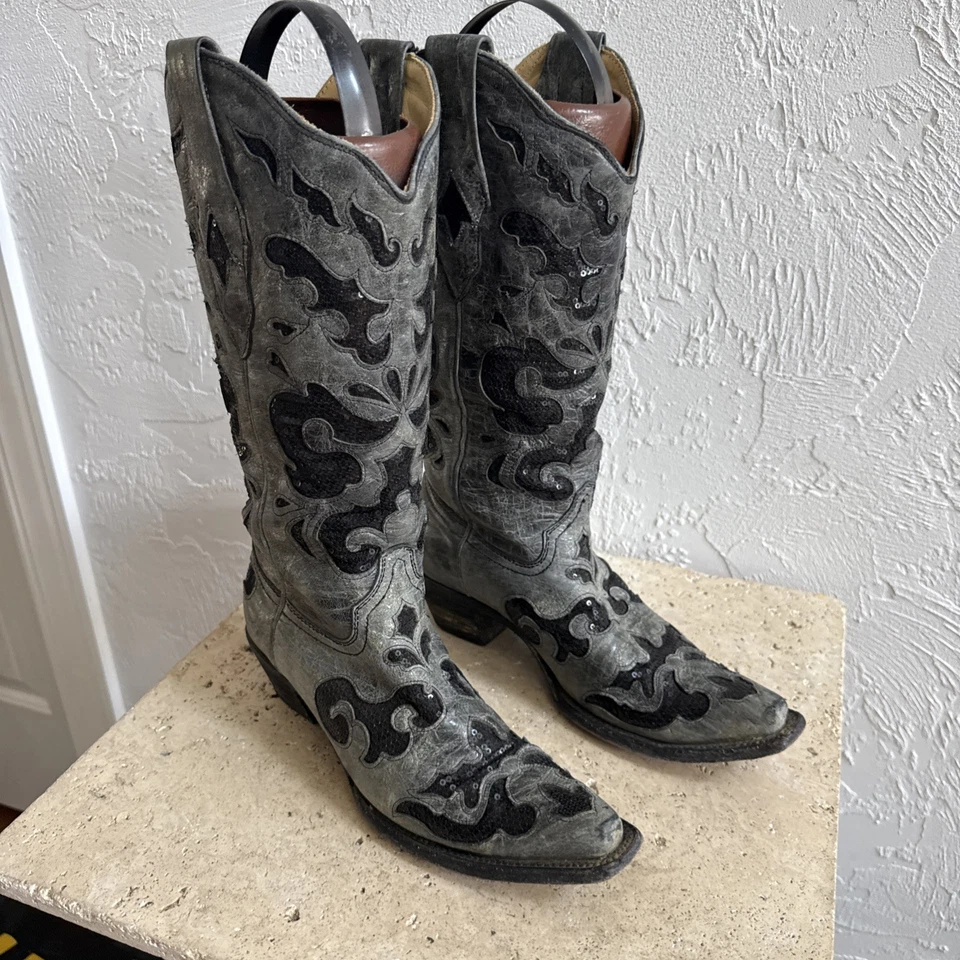 Corral Women's CARMEN A1065 Black Gray Sequins Inlay Leather Cowboy boots 7.5 M - Image 4 of 4