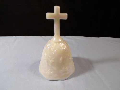 Fenton White Milk Glass Carnival Glass Bell w/ Cross Handle & Floral Design