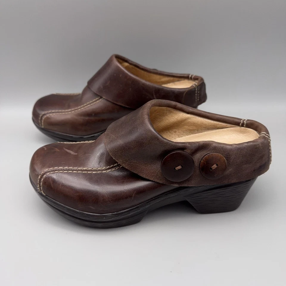 Sanita Clog Shoes Womens Size 37 EU Brown Leather Slip On Button Wedge Nicolette - Image 4 of 4