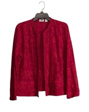 Chicos Silk Linen Blazer Sz Large Open Embroidered Red Jacket Long Sleeve